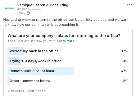 LinkedIn Poll titled, "What are your company's plans for returning to the office?